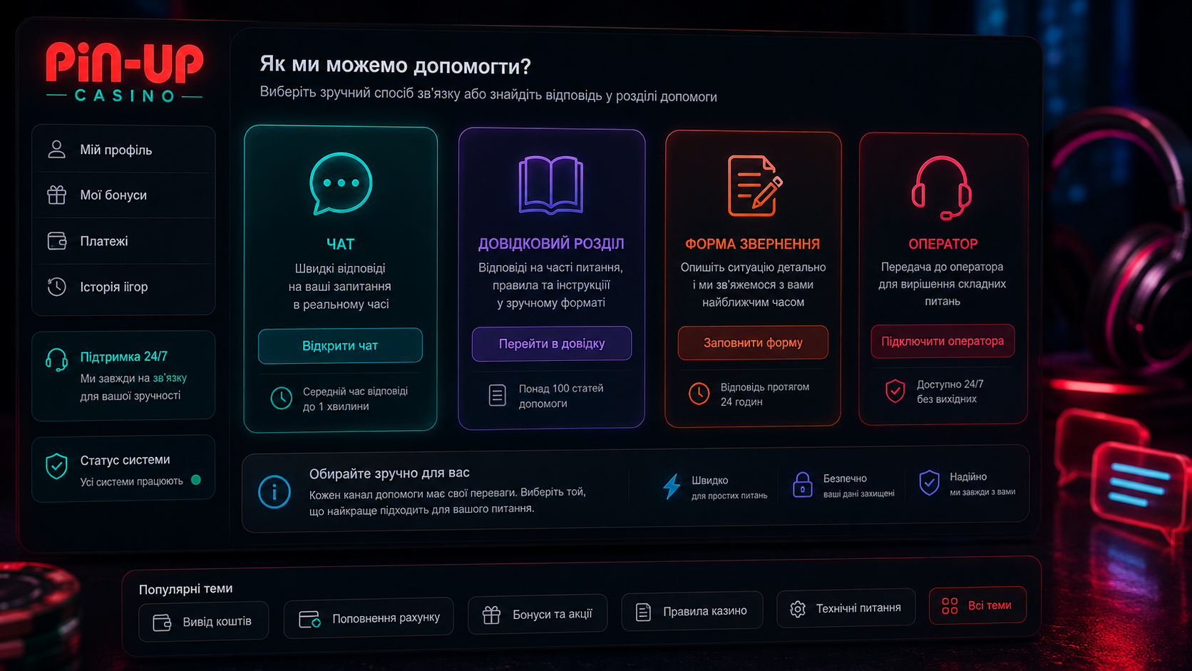 Різні канали Pin-Up для різних питань