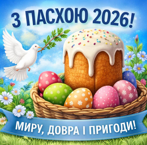 Листівка з Пасхою 2026 миру, добра і пригоди