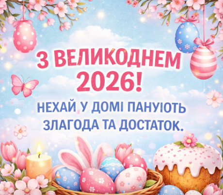 З Великоднем 2026! Нехай у домі панують злагода та достаток. листівка
